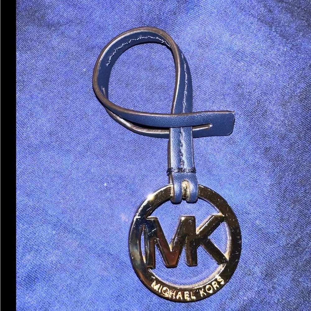 (1) Michael Kors Gold Color with Deep Blue leather strap Key Chain FOB MK Tag